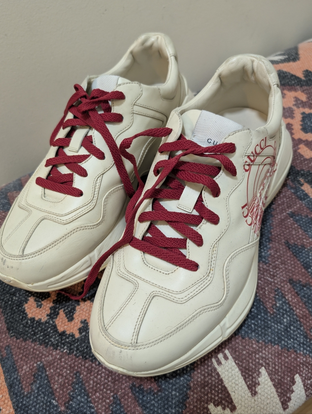 Gucci White Leather Sneakers with Red Logo and Laces Size US 9, Gucci 8 - Picture 2 of 11
